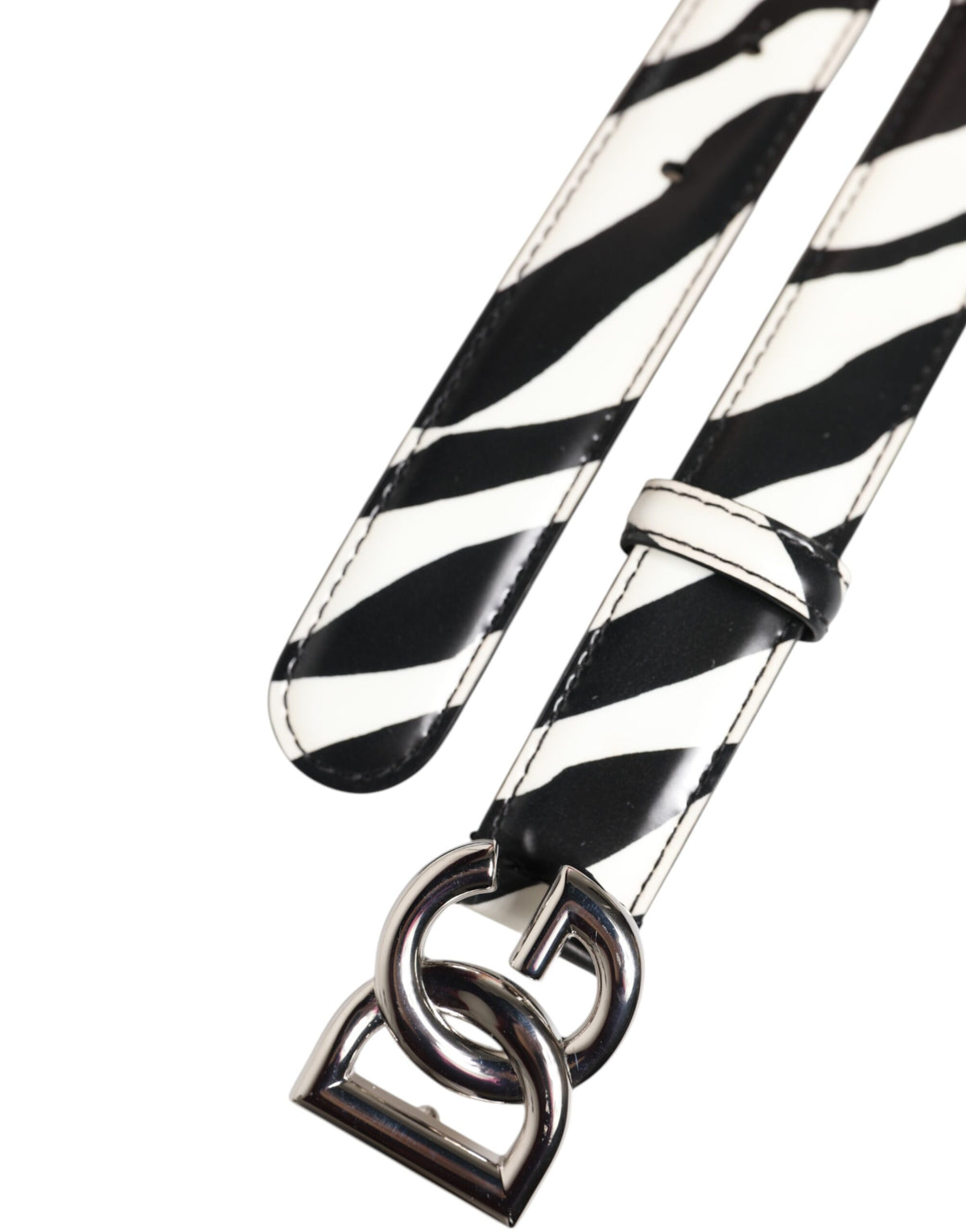 Black White Leather Silver Metal Buckle Belt